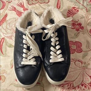 Frye Ivy Shearling Black Leather Low-Top Mule Sneakers with Rubber Soles